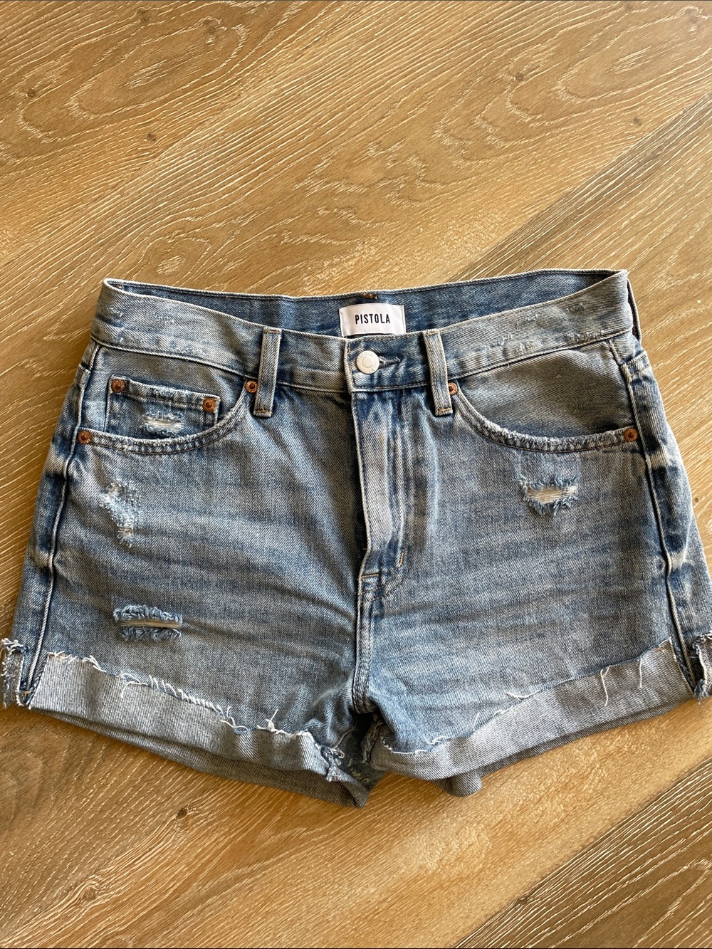 pistola faded blue distressed cuffed denim shorts